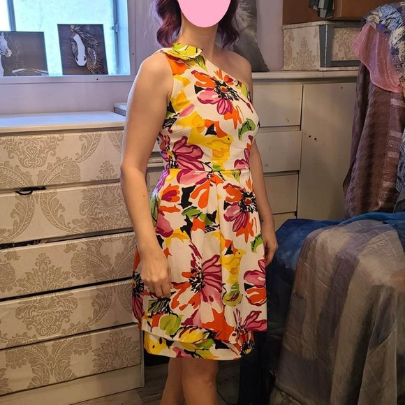 Jacob size 6 one shoulder multicolour white day dress, made in Canada - Picture 3 of 3